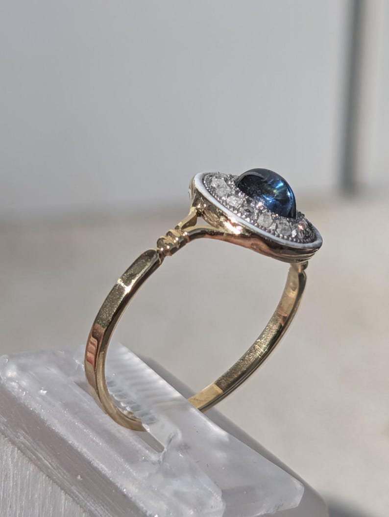 Antique 1900s Oval Sapphire Cabochon Rose Cut Diamond Ring White Fire Enamel 18K Yellow White Gold Hungarian Hallmark US Duty Free HTS 9706 image 5