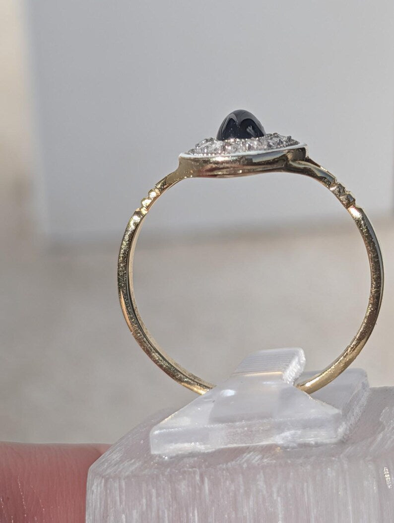 Antique 1900s Oval Sapphire Cabochon Rose Cut Diamond Ring White Fire Enamel 18K Yellow White Gold Hungarian Hallmark US Duty Free HTS 9706 image 6