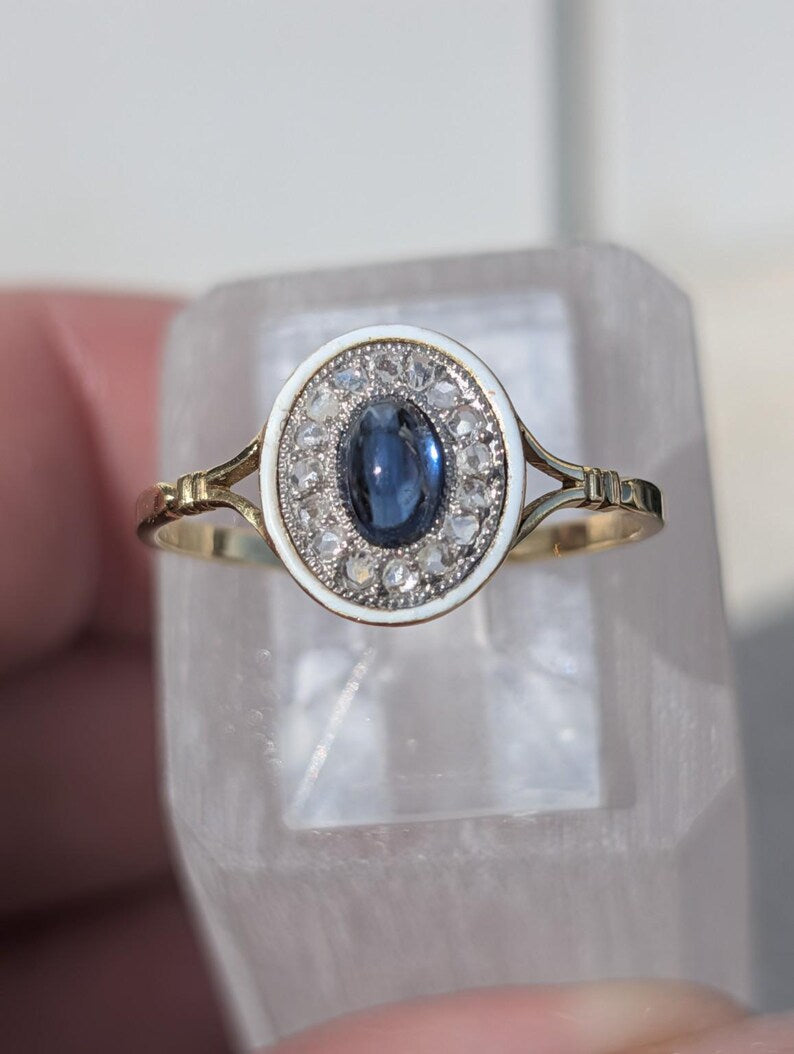 Antique 1900s Oval Sapphire Cabochon Rose Cut Diamond Ring White Fire Enamel 18K Yellow White Gold Hungarian Hallmark US Duty Free HTS 9706 image 7