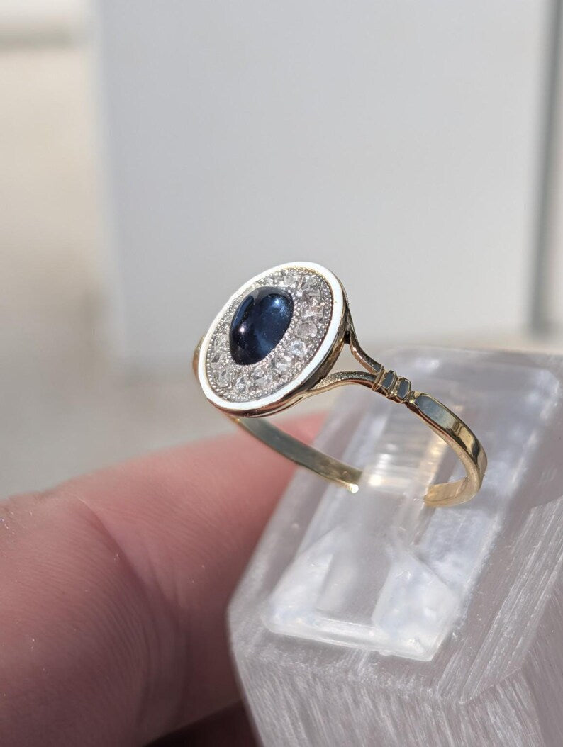 Antique 1900s Oval Sapphire Cabochon Rose Cut Diamond Ring White Fire Enamel 18K Yellow White Gold Hungarian Hallmark US Duty Free HTS 9706 image 8