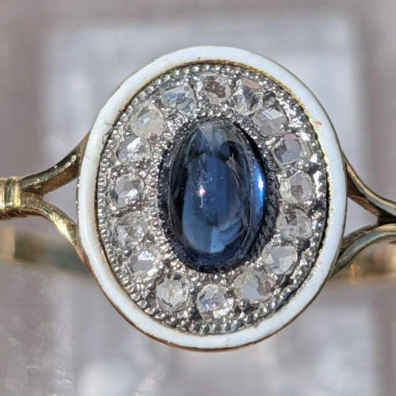 Antique 1900s Oval Sapphire Cabochon Rose Cut Diamond Ring White Fire Enamel 18K Yellow White Gold Hungarian Hallmark US Duty Free HTS 9706 image 9