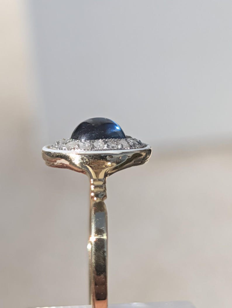 Antique 1900s Oval Sapphire Cabochon Rose Cut Diamond Ring White Fire Enamel 18K Yellow White Gold Hungarian Hallmark US Duty Free HTS 9706 image 10