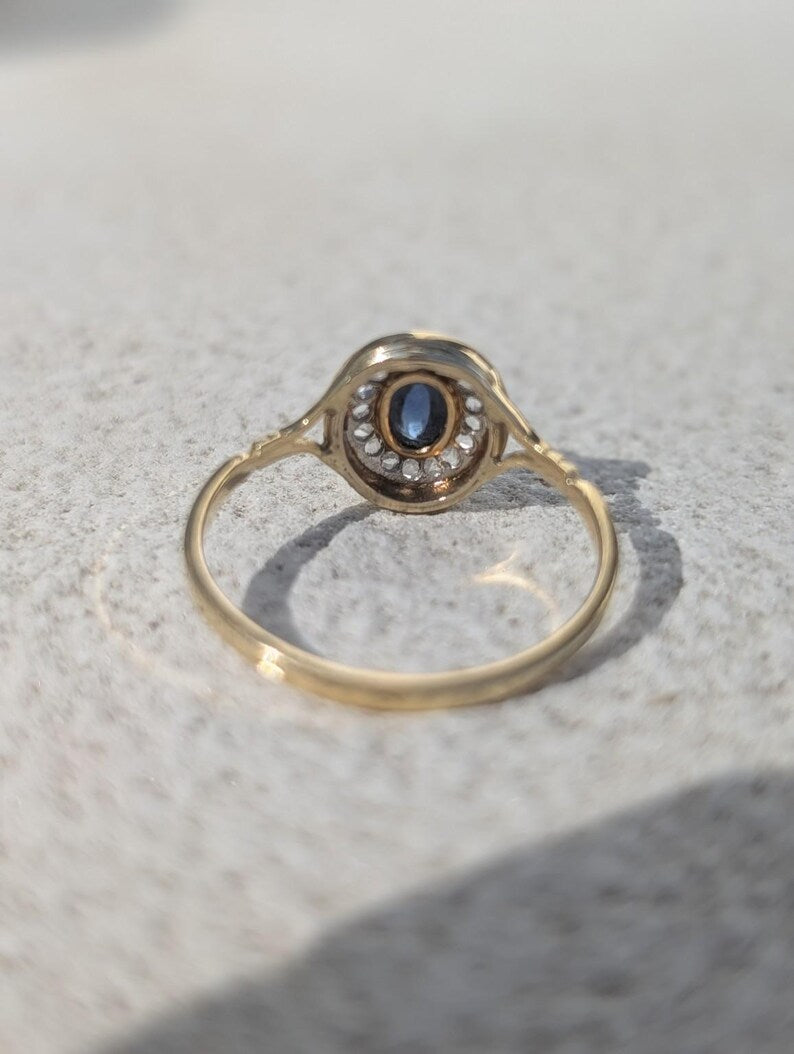 Antique 1900s Oval Sapphire Cabochon Rose Cut Diamond Ring White Fire Enamel 18K Yellow White Gold Hungarian Hallmark US Duty Free HTS 9706 image 12