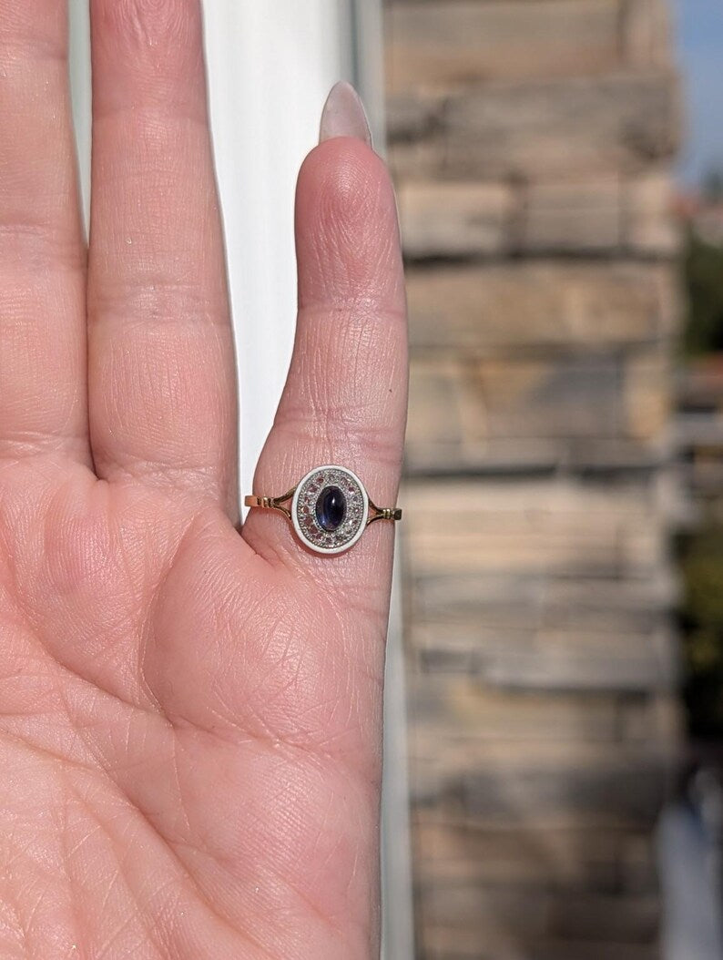 Antique 1900s Oval Sapphire Cabochon Rose Cut Diamond Ring White Fire Enamel 18K Yellow White Gold Hungarian Hallmark US Duty Free HTS 9706 image 13