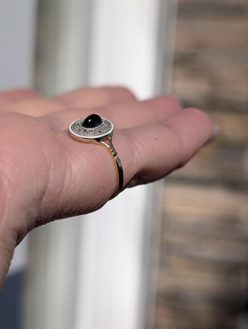 Antique 1900s Oval Sapphire Cabochon Rose Cut Diamond Ring White Fire Enamel 18K Yellow White Gold Hungarian Hallmark US Duty Free HTS 9706 image 14