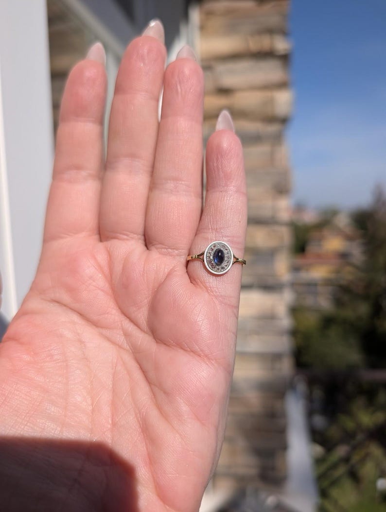 Antique 1900s Oval Sapphire Cabochon Rose Cut Diamond Ring White Fire Enamel 18K Yellow White Gold Hungarian Hallmark US Duty Free HTS 9706 image 15