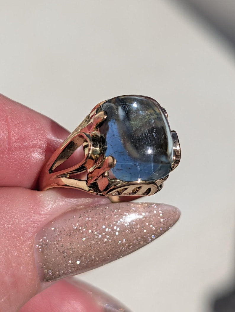 1920s Art Deco Natural Aquamarine Cabochon Dome Ring 14k Solid Gold Champagne Rose Openwork Hungarian Hallmarks US Duty-Free HTS 9706 image 1