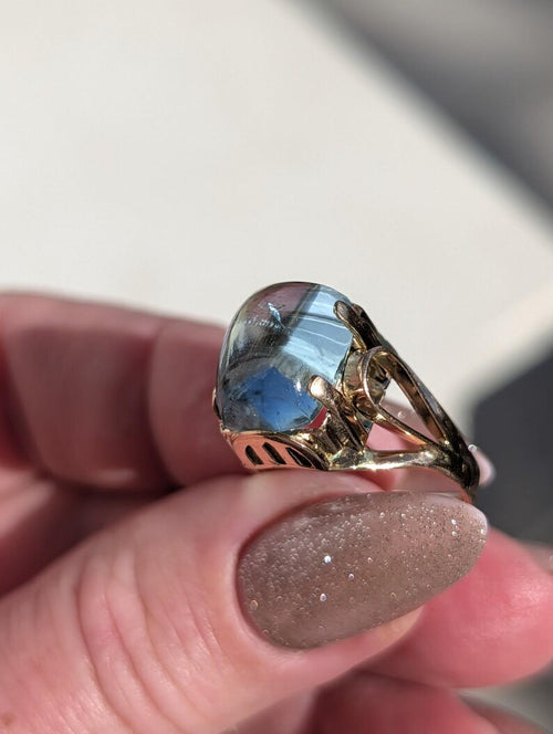 1920s Art Deco Natural Aquamarine Cabochon Dome Ring 14k Solid Gold Champagne Rose Openwork Hungarian Hallmarks US Duty-Free HTS 9706 image 2