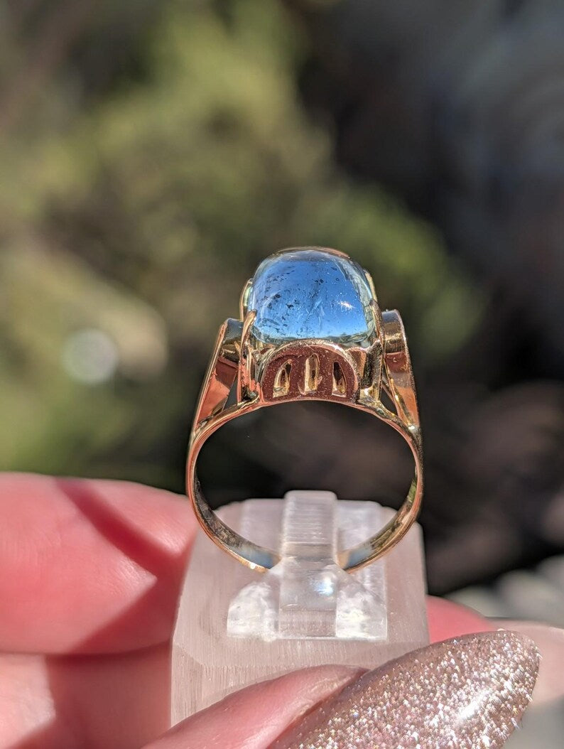 1920s Art Deco Natural Aquamarine Cabochon Dome Ring 14k Solid Gold Champagne Rose Openwork Hungarian Hallmarks US Duty-Free HTS 9706 image 3