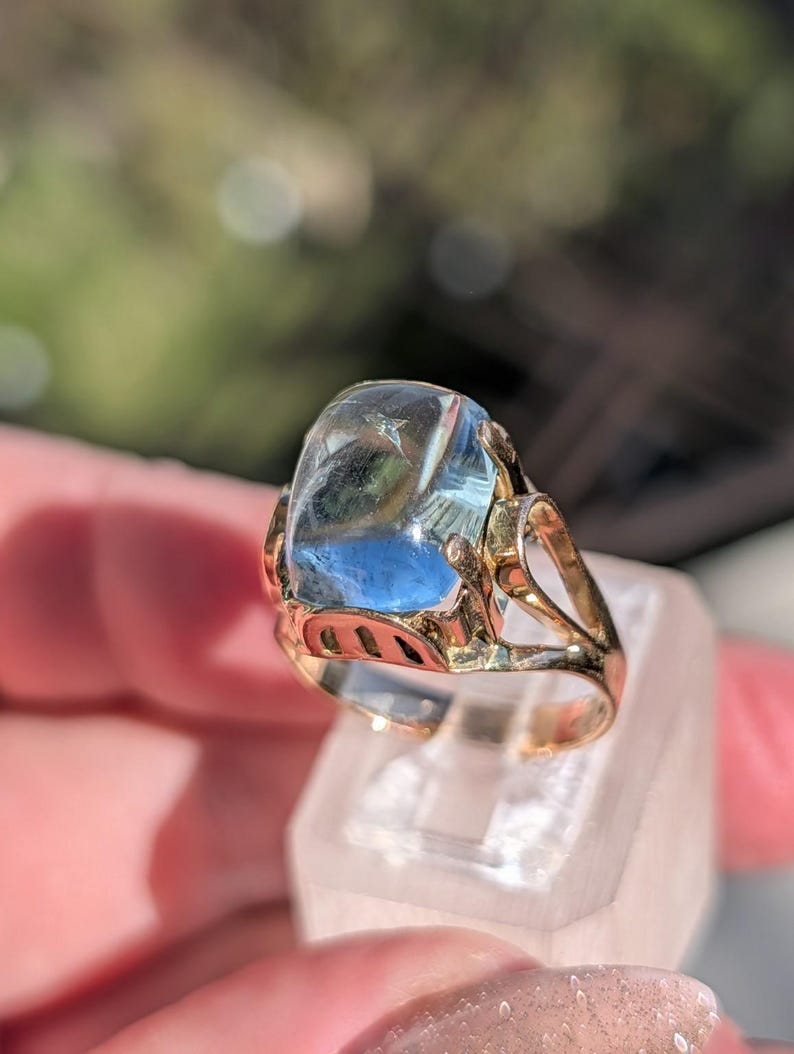 1920s Art Deco Natural Aquamarine Cabochon Dome Ring 14k Solid Gold Champagne Rose Openwork Hungarian Hallmarks US Duty-Free HTS 9706 image 4