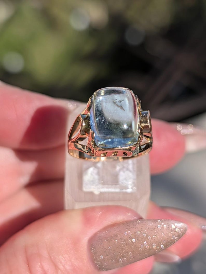1920s Art Deco Natural Aquamarine Cabochon Dome Ring 14k Solid Gold Champagne Rose Openwork Hungarian Hallmarks US Duty-Free HTS 9706 image 5