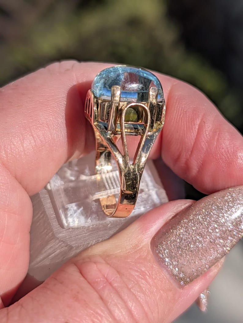 1920s Art Deco Natural Aquamarine Cabochon Dome Ring 14k Solid Gold Champagne Rose Openwork Hungarian Hallmarks US Duty-Free HTS 9706 image 6