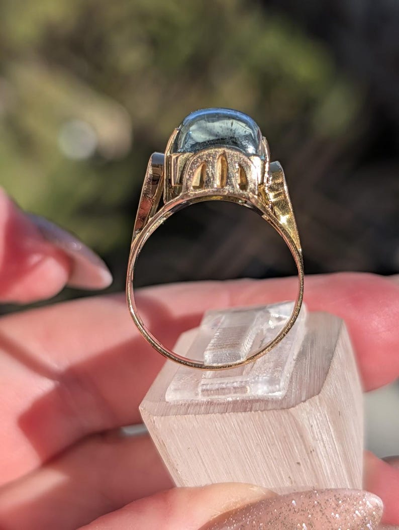 1920s Art Deco Natural Aquamarine Cabochon Dome Ring 14k Solid Gold Champagne Rose Openwork Hungarian Hallmarks US Duty-Free HTS 9706 image 7