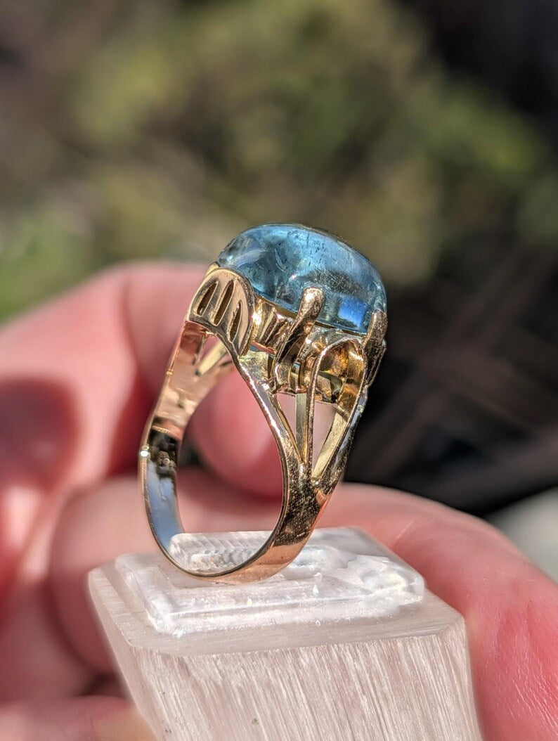 1920s Art Deco Natural Aquamarine Cabochon Dome Ring 14k Solid Gold Champagne Rose Openwork Hungarian Hallmarks US Duty-Free HTS 9706 image 8