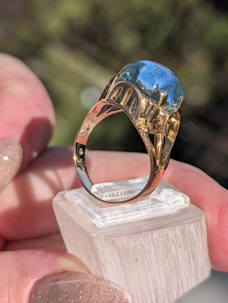 1920s Art Deco Natural Aquamarine Cabochon Dome Ring 14k Solid Gold Champagne Rose Openwork Hungarian Hallmarks US Duty-Free HTS 9706 image 9