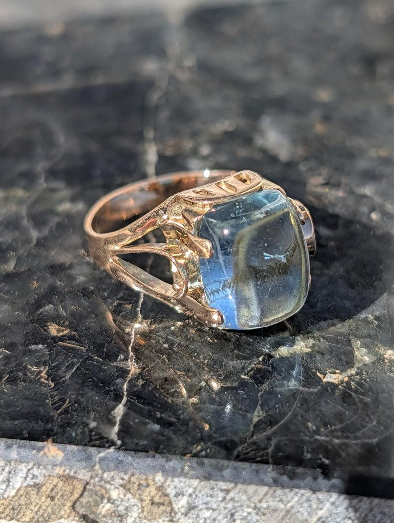 1920s Art Deco Natural Aquamarine Cabochon Dome Ring 14k Solid Gold Champagne Rose Openwork Hungarian Hallmarks US Duty-Free HTS 9706 image 10