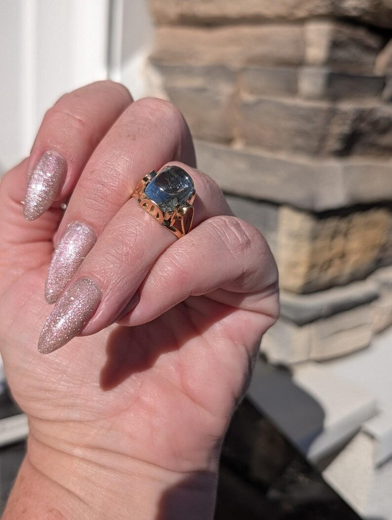1920s Art Deco Natural Aquamarine Cabochon Dome Ring 14k Solid Gold Champagne Rose Openwork Hungarian Hallmarks US Duty-Free HTS 9706 image 11