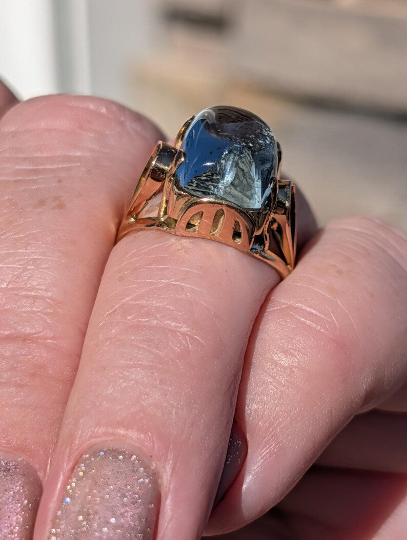 1920s Art Deco Natural Aquamarine Cabochon Dome Ring 14k Solid Gold Champagne Rose Openwork Hungarian Hallmarks US Duty-Free HTS 9706 image 12