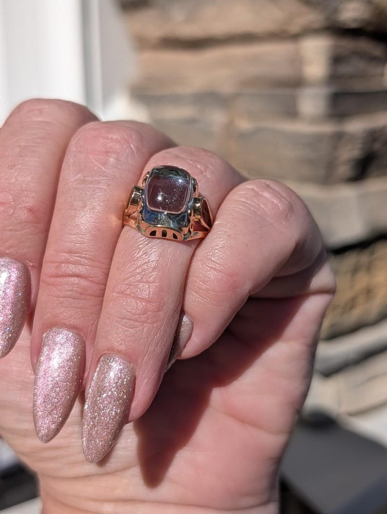 1920s Art Deco Natural Aquamarine Cabochon Dome Ring 14k Solid Gold Champagne Rose Openwork Hungarian Hallmarks US Duty-Free HTS 9706 image 13