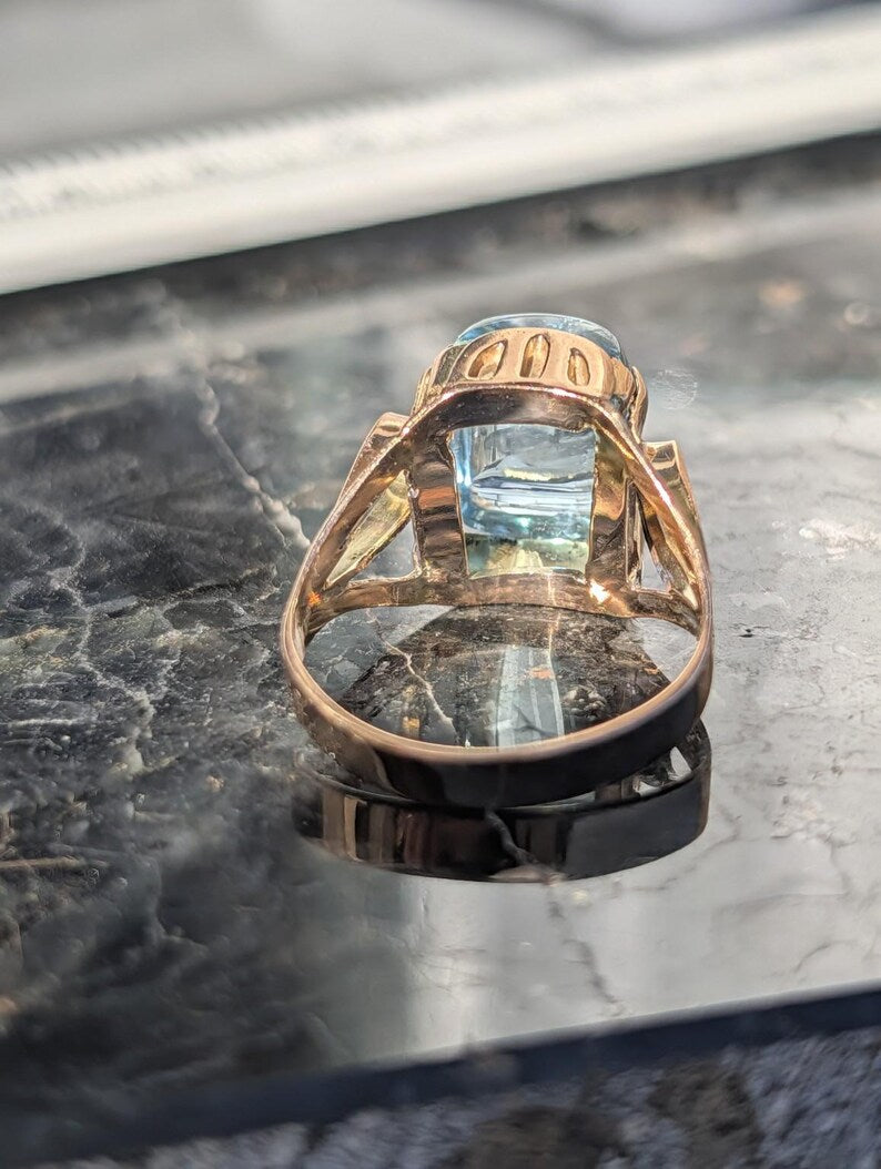 1920s Art Deco Natural Aquamarine Cabochon Dome Ring 14k Solid Gold Champagne Rose Openwork Hungarian Hallmarks US Duty-Free HTS 9706 image 14