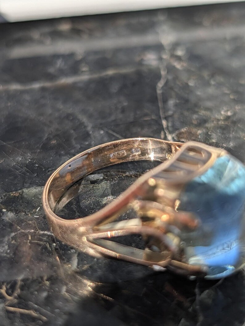 1920s Art Deco Natural Aquamarine Cabochon Dome Ring 14k Solid Gold Champagne Rose Openwork Hungarian Hallmarks US Duty-Free HTS 9706 image 15