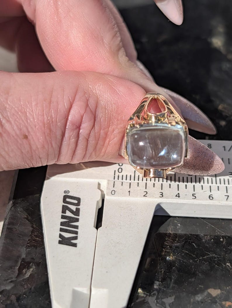 1920s Art Deco Natural Aquamarine Cabochon Dome Ring 14k Solid Gold Champagne Rose Openwork Hungarian Hallmarks US Duty-Free HTS 9706 image 16