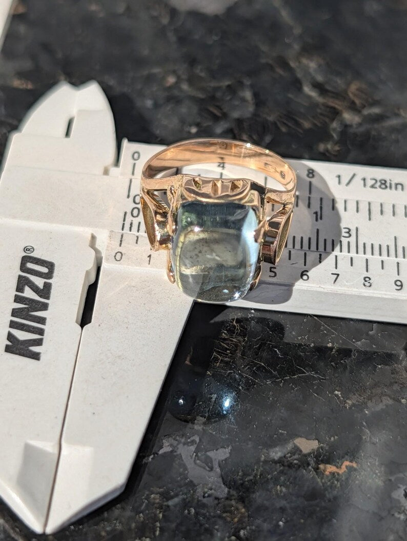 1920s Art Deco Natural Aquamarine Cabochon Dome Ring 14k Solid Gold Champagne Rose Openwork Hungarian Hallmarks US Duty-Free HTS 9706 image 17
