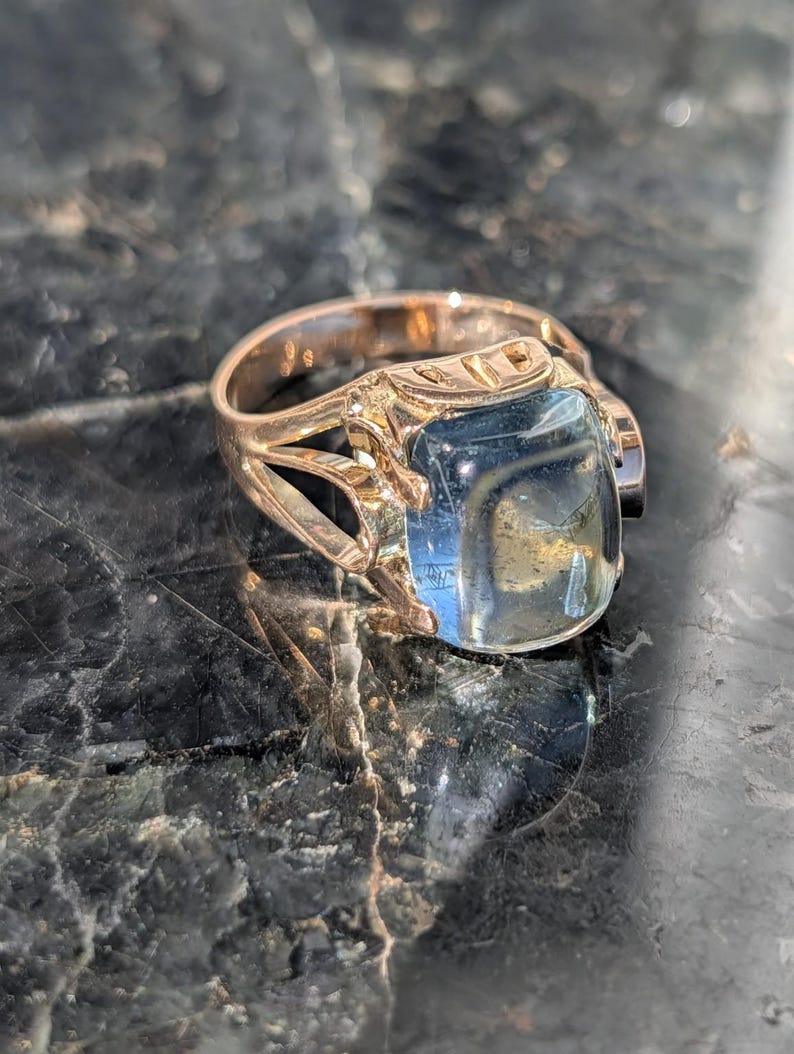 1920s Art Deco Natural Aquamarine Cabochon Dome Ring 14k Solid Gold Champagne Rose Openwork Hungarian Hallmarks US Duty-Free HTS 9706 image 18