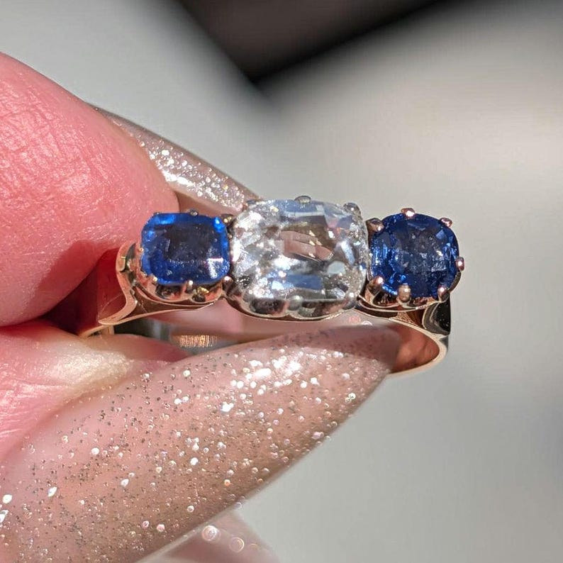 1880s Victorian Sapphire Diamond Three Stone Ring 18k Solid Yellow Gold Antique Cushion Cut Crown Claw Settings US Duty-Free HTS 9706 image 1