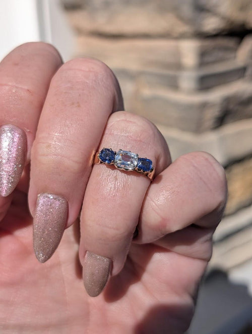 1880s Victorian Sapphire Diamond Three Stone Ring 18k Solid Yellow Gold Antique Cushion Cut Crown Claw Settings US Duty-Free HTS 9706 image 2