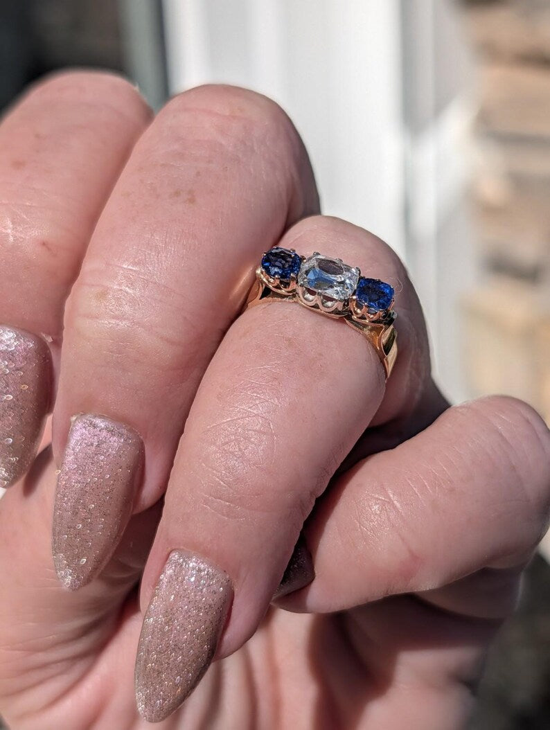 1880s Victorian Sapphire Diamond Three Stone Ring 18k Solid Yellow Gold Antique Cushion Cut Crown Claw Settings US Duty-Free HTS 9706 image 3