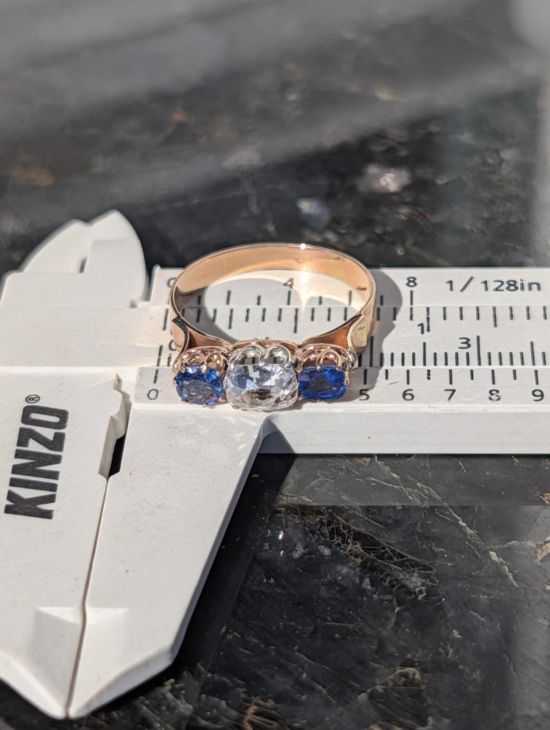 1880s Victorian Sapphire Diamond Three Stone Ring 18k Solid Yellow Gold Antique Cushion Cut Crown Claw Settings US Duty-Free HTS 9706 image 4