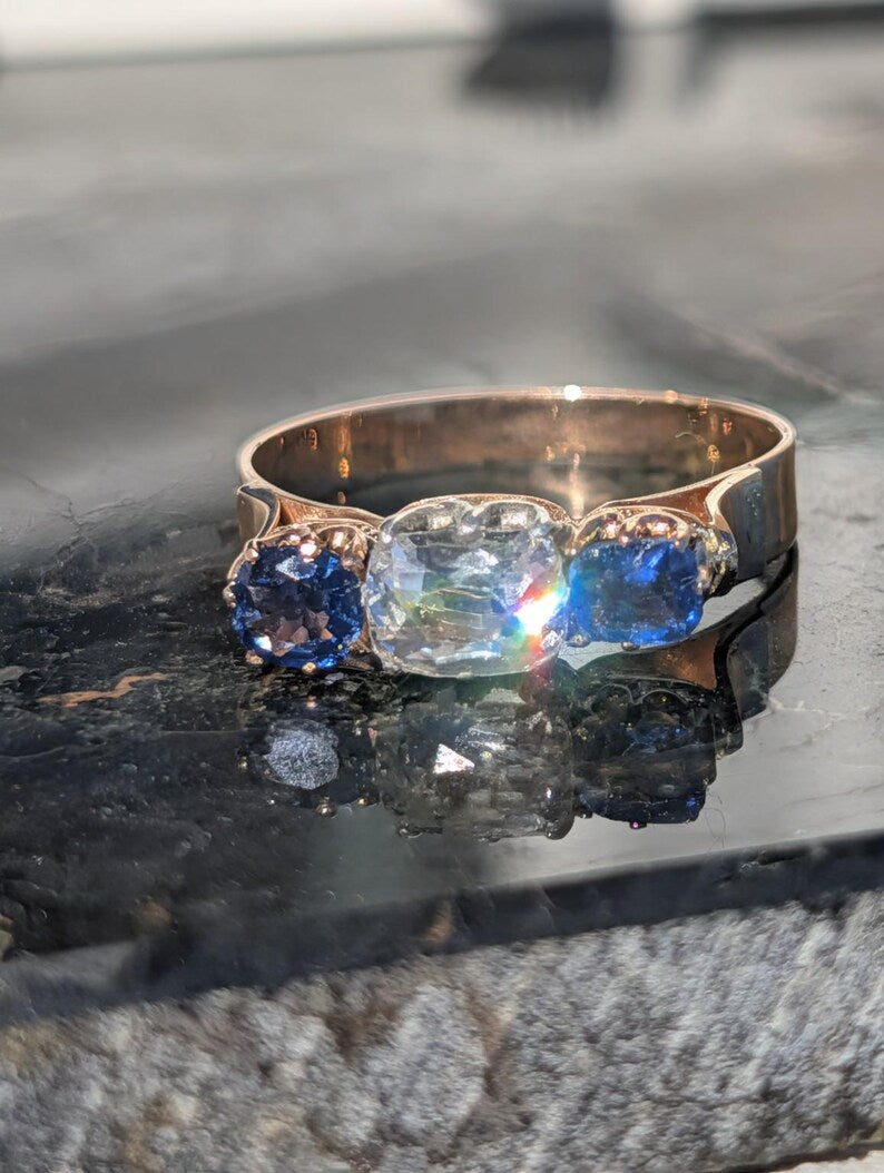 1880s Victorian Sapphire Diamond Three Stone Ring 18k Solid Yellow Gold Antique Cushion Cut Crown Claw Settings US Duty-Free HTS 9706 image 6