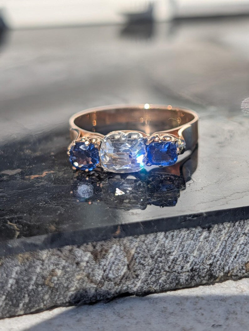 1880s Victorian Sapphire Diamond Three Stone Ring 18k Solid Yellow Gold Antique Cushion Cut Crown Claw Settings US Duty-Free HTS 9706 image 7