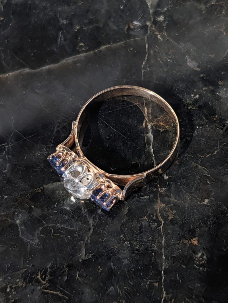 1880s Victorian Sapphire Diamond Three Stone Ring 18k Solid Yellow Gold Antique Cushion Cut Crown Claw Settings US Duty-Free HTS 9706 image 9