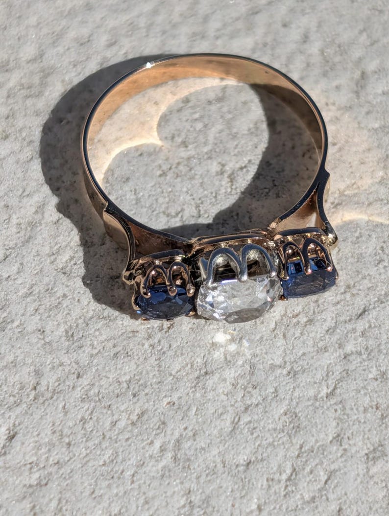 1880s Victorian Sapphire Diamond Three Stone Ring 18k Solid Yellow Gold Antique Cushion Cut Crown Claw Settings US Duty-Free HTS 9706 image 10