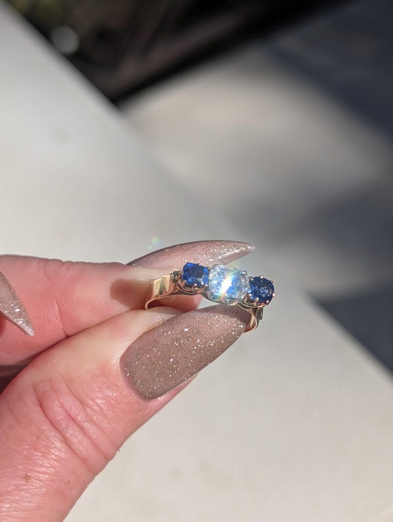 1880s Victorian Sapphire Diamond Three Stone Ring 18k Solid Yellow Gold Antique Cushion Cut Crown Claw Settings US Duty-Free HTS 9706 image 11