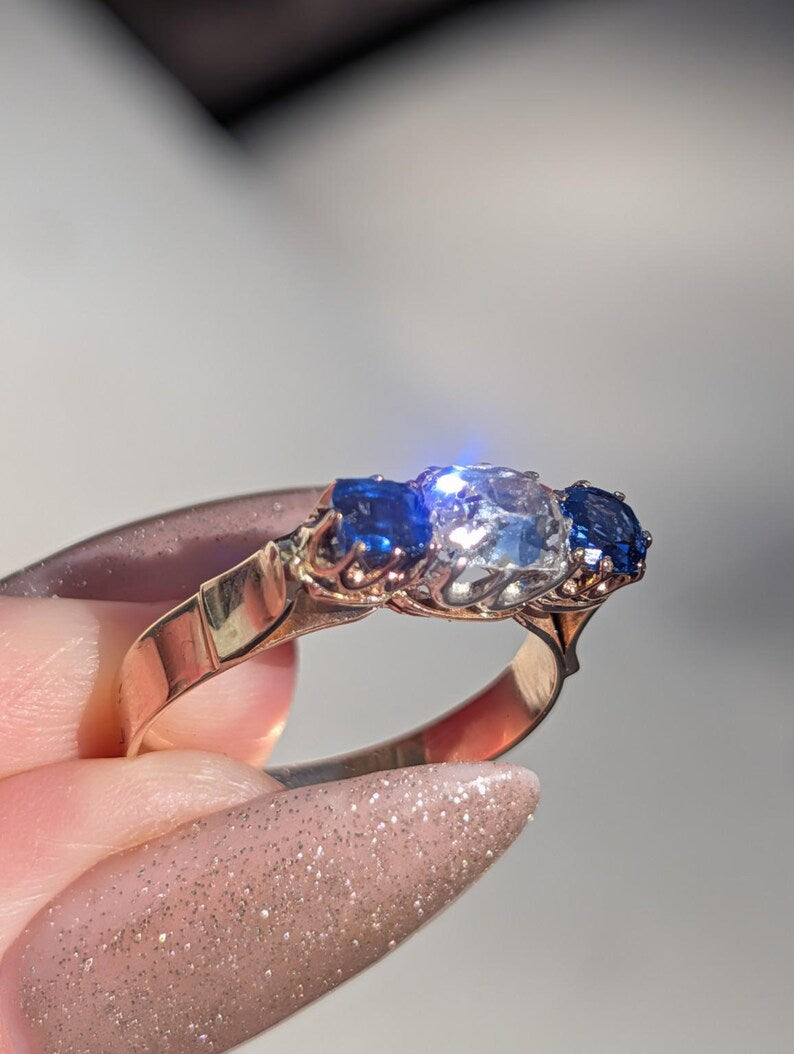 1880s Victorian Sapphire Diamond Three Stone Ring 18k Solid Yellow Gold Antique Cushion Cut Crown Claw Settings US Duty-Free HTS 9706 image 12