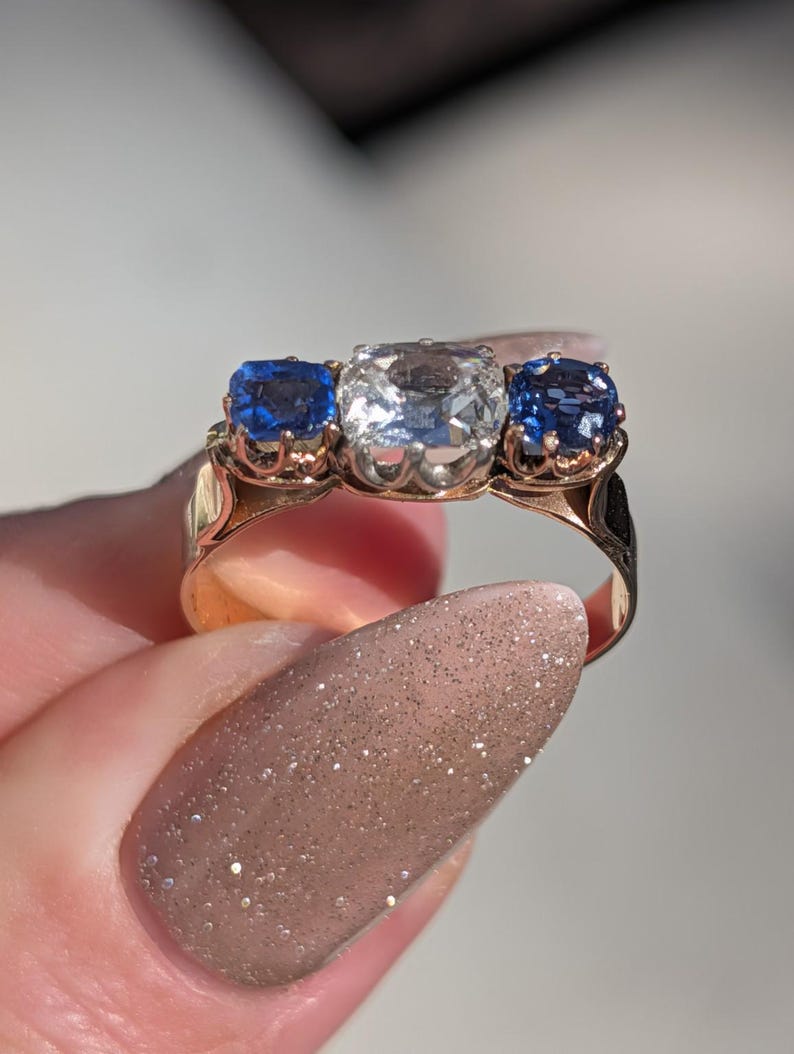 1880s Victorian Sapphire Diamond Three Stone Ring 18k Solid Yellow Gold Antique Cushion Cut Crown Claw Settings US Duty-Free HTS 9706 image 13