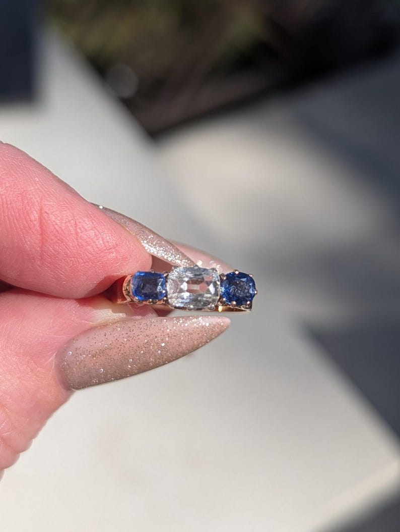 1880s Victorian Sapphire Diamond Three Stone Ring 18k Solid Yellow Gold Antique Cushion Cut Crown Claw Settings US Duty-Free HTS 9706 image 14