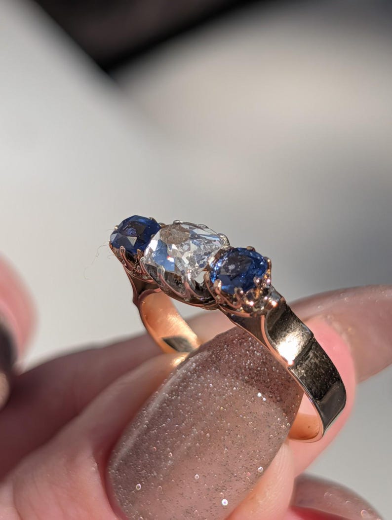 1880s Victorian Sapphire Diamond Three Stone Ring 18k Solid Yellow Gold Antique Cushion Cut Crown Claw Settings US Duty-Free HTS 9706 image 15