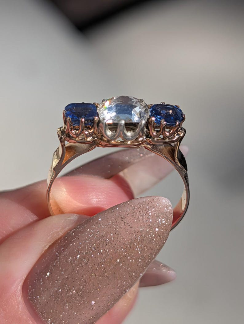 1880s Victorian Sapphire Diamond Three Stone Ring 18k Solid Yellow Gold Antique Cushion Cut Crown Claw Settings US Duty-Free HTS 9706 image 16