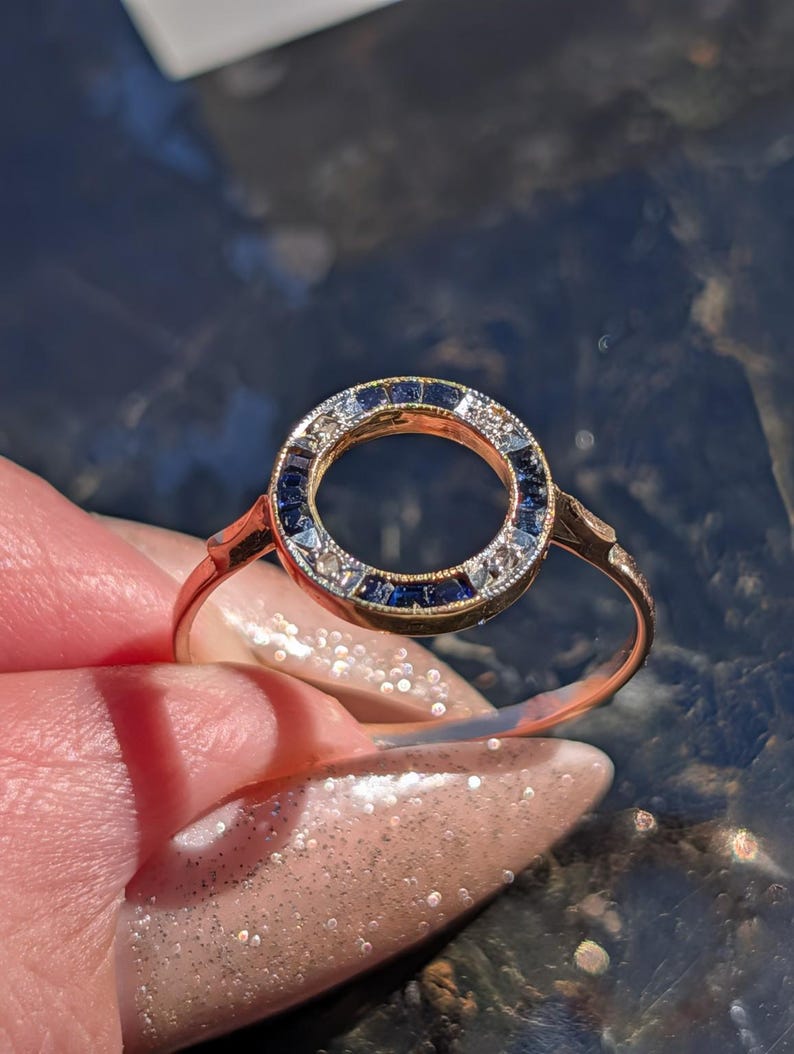 1920s Art Deco Sapphire Rose Cut Diamond Open Circle Ring 18k Yellow Gold White Gold Channel Set Milgrain Antique US Duty-Free HTS 9706 image 1