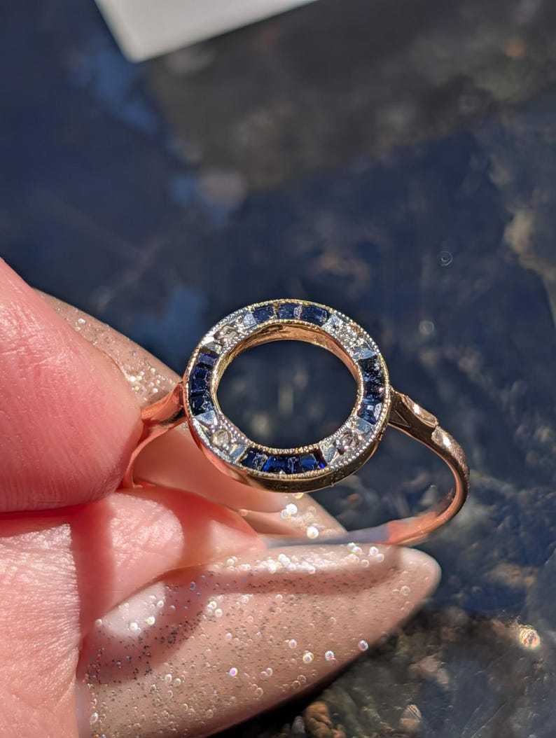 1920s Art Deco Sapphire Rose Cut Diamond Open Circle Ring 18k Yellow Gold White Gold Channel Set Milgrain Antique US Duty-Free HTS 9706 image 2