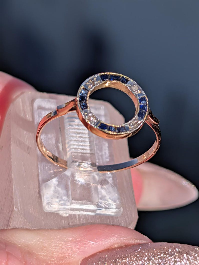 1920s Art Deco Sapphire Rose Cut Diamond Open Circle Ring 18k Yellow Gold White Gold Channel Set Milgrain Antique US Duty-Free HTS 9706 image 7