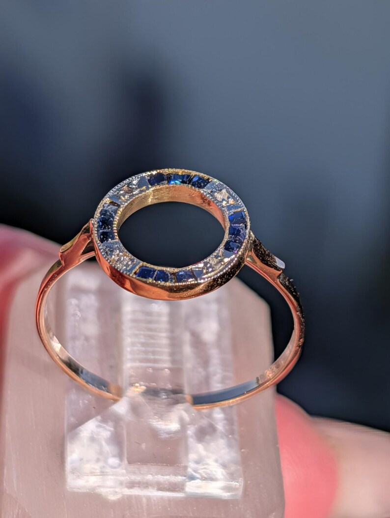 1920s Art Deco Sapphire Rose Cut Diamond Open Circle Ring 18k Yellow Gold White Gold Channel Set Milgrain Antique US Duty-Free HTS 9706 image 8