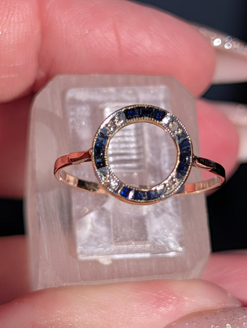 1920s Art Deco Sapphire Rose Cut Diamond Open Circle Ring 18k Yellow Gold White Gold Channel Set Milgrain Antique US Duty-Free HTS 9706 image 10