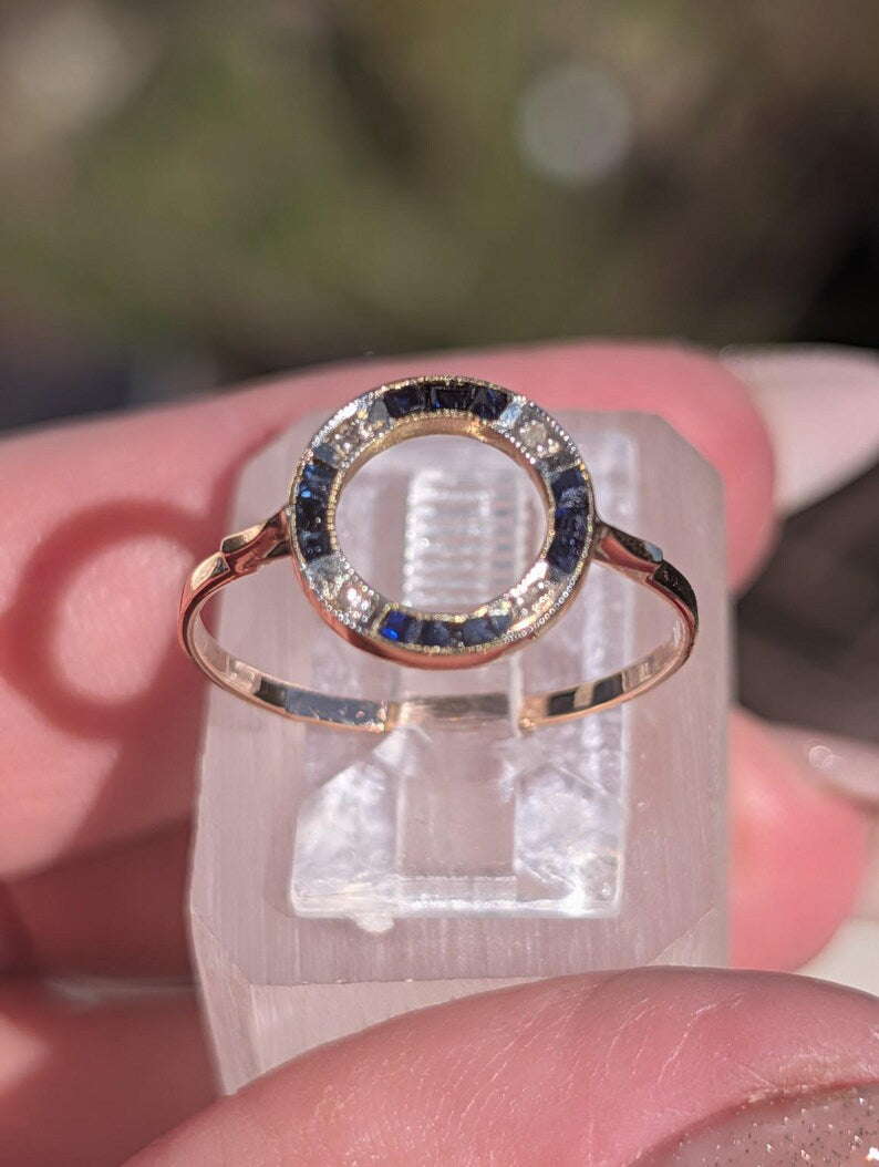 1920s Art Deco Sapphire Rose Cut Diamond Open Circle Ring 18k Yellow Gold White Gold Channel Set Milgrain Antique US Duty-Free HTS 9706 image 12