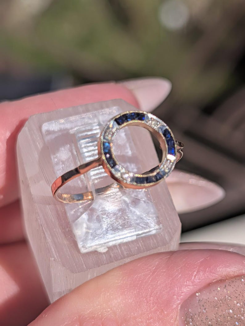 1920s Art Deco Sapphire Rose Cut Diamond Open Circle Ring 18k Yellow Gold White Gold Channel Set Milgrain Antique US Duty-Free HTS 9706 image 14
