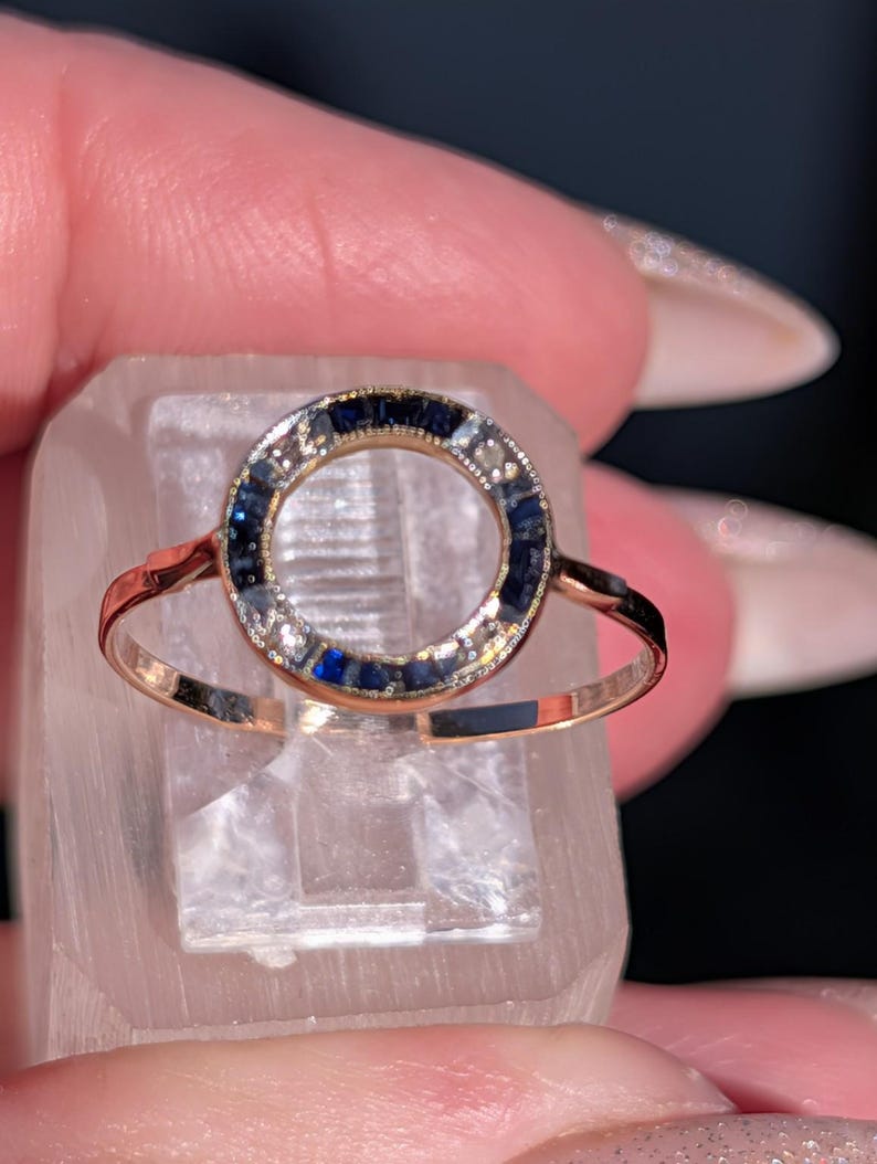 1920s Art Deco Sapphire Rose Cut Diamond Open Circle Ring 18k Yellow Gold White Gold Channel Set Milgrain Antique US Duty-Free HTS 9706 image 15